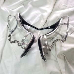 NWOT Strappy heels, Silver and Black with rhinestones